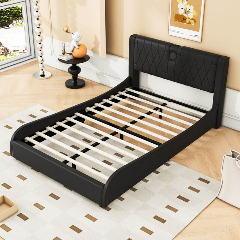 Upholstered Platform Bed with Bluetooth Speakers and LED Light, Black, Full