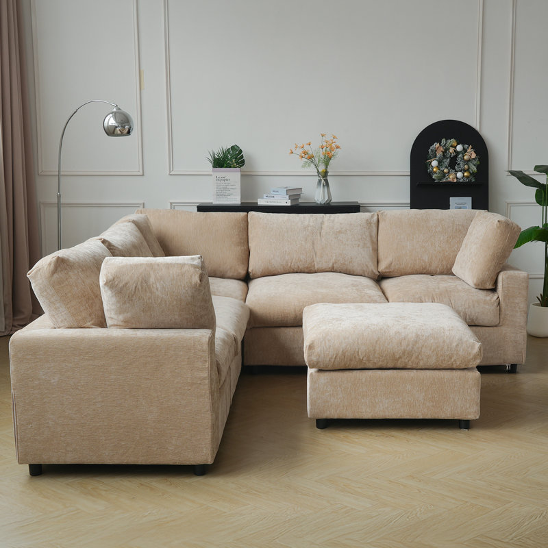 Kessi Upholstered 5-piece Slipcovered Sectional Sofa With Ottoman, Kakhi Fabric