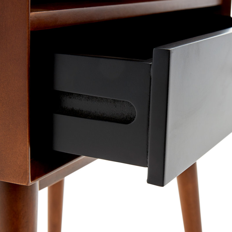 Calvin Mid-Century Brown Wood Side Table with Storage Drawer