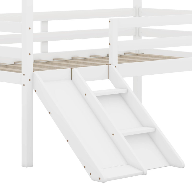Lit simple mezzanine bas avec glissade, échelle, barrières de sécurité, Blanc