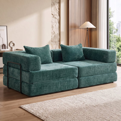 Heron 78.7" Convertible Floor Sofa Bed, Modular Chenille Loveseat Sleeper Couch, Boneless Compression Sectional Sofa for Living Room, Bedroom, Studio, No Assembly Required