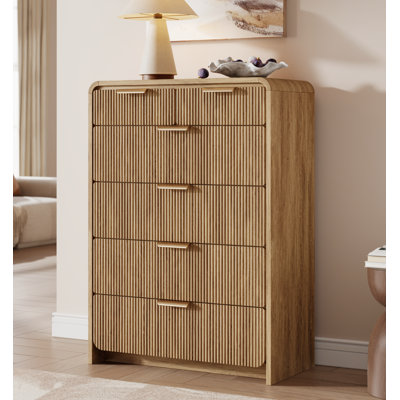 Commode à 6 tiroirs de 31,5 po de largeur pour chambre à coucher, commode haute moderne avec design incurvé, rangement pour vêtements en bois pour le salon, couloir