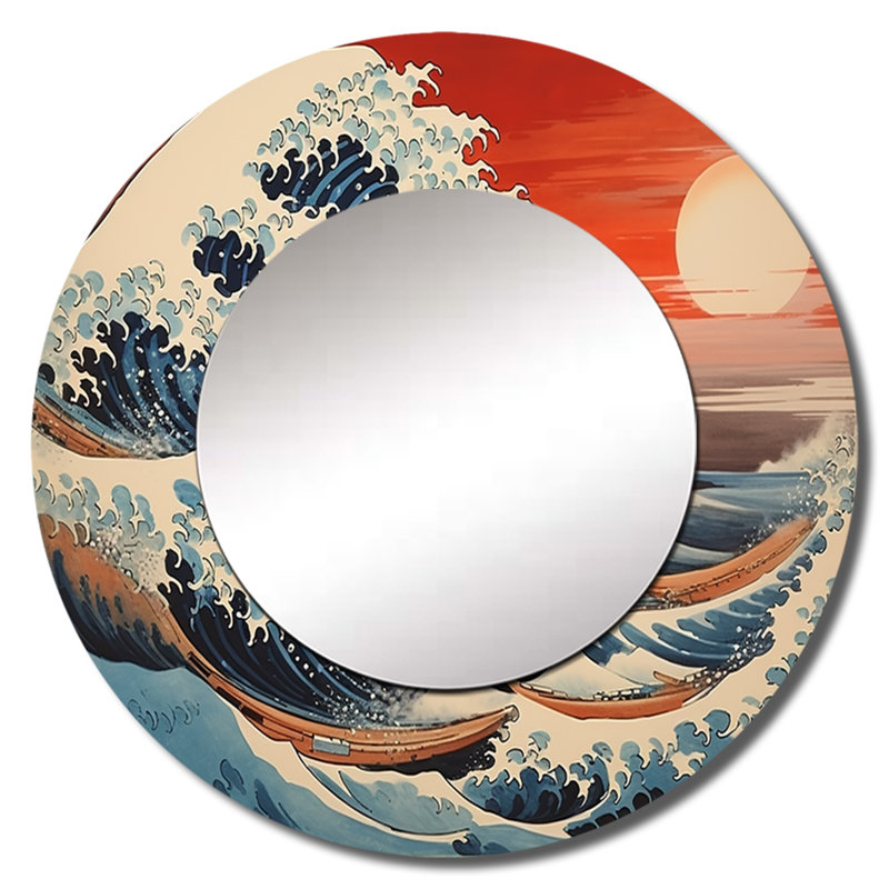 Chef-d'œuvre le grand rouge de Kanagawa V - miroir décoratif chef-d'œuvre, miroir mural rond rouge, impression d'art en métal