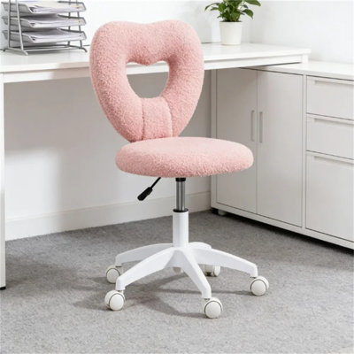 Pink Heart-Shaped Back Office Task Chair, Teddy Fleece Upholstered Adjustable Height Swivel Computer Makeup Chair with Class-3 Gas Lift, for Home Work Vanity Use