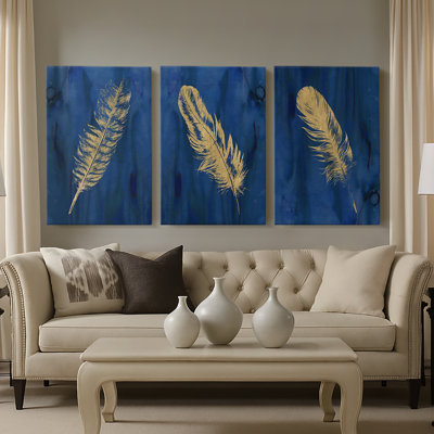 Golden Feather I  -Custom Wrapped Gallery Canvas - 3 Pieces