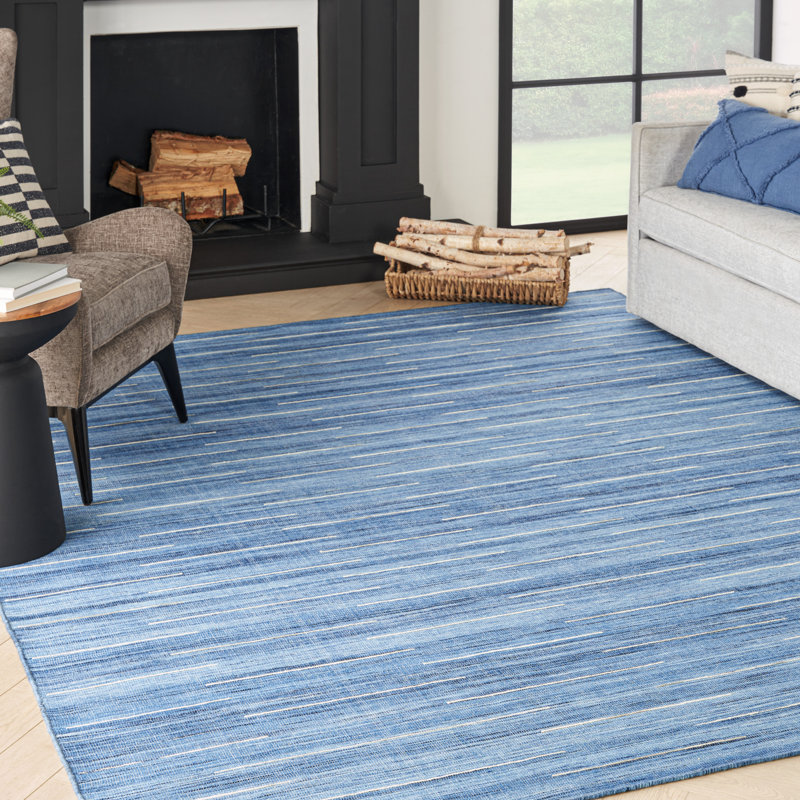 Tapis bleu denim en laine et coton tissé à la main Anerinda, Rectangle 9 pi x 12 pi