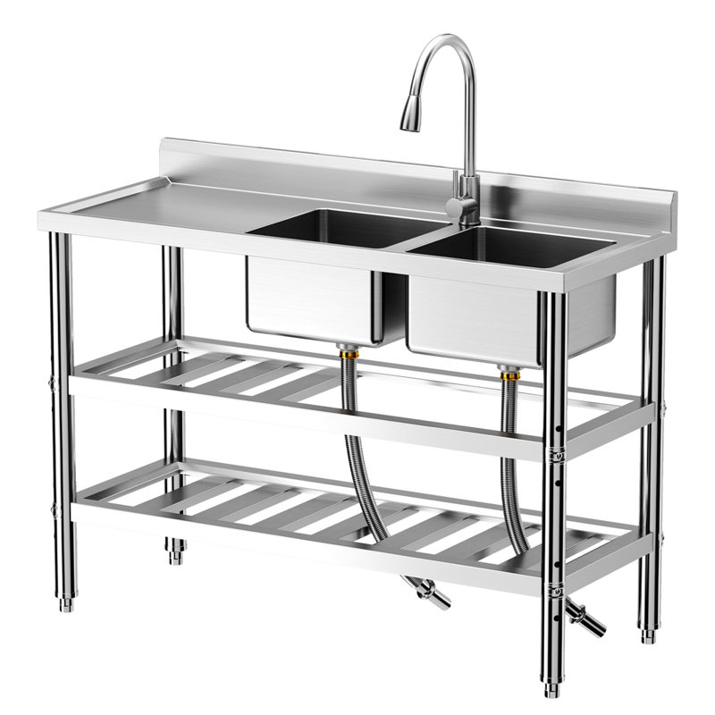Évier utilitaire 47 po en acier inoxydable, lavabo autoportant à 2 compartiments avec établi, robinet coulissant, tablettes