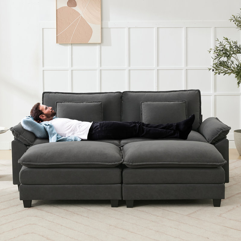 86'' Wide Comfy Cloud Couch Sectional Loveseat Sofa With 2 Ottoman, Dark Gray Velvet