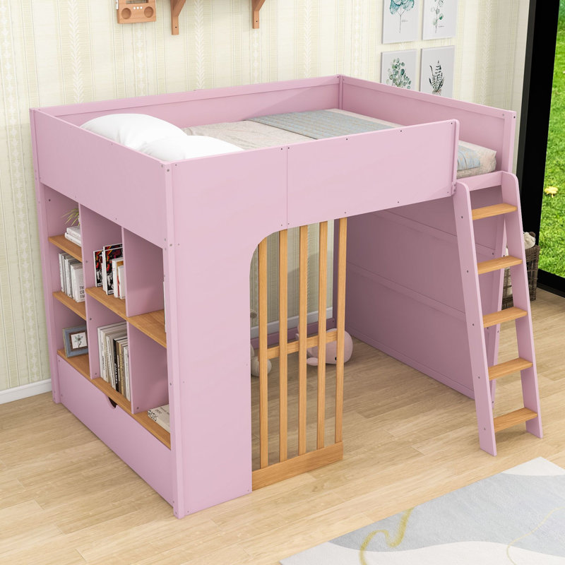 Lit mezzanine avec tablettes de rangement et deux tiroirs, Lit double, Rose