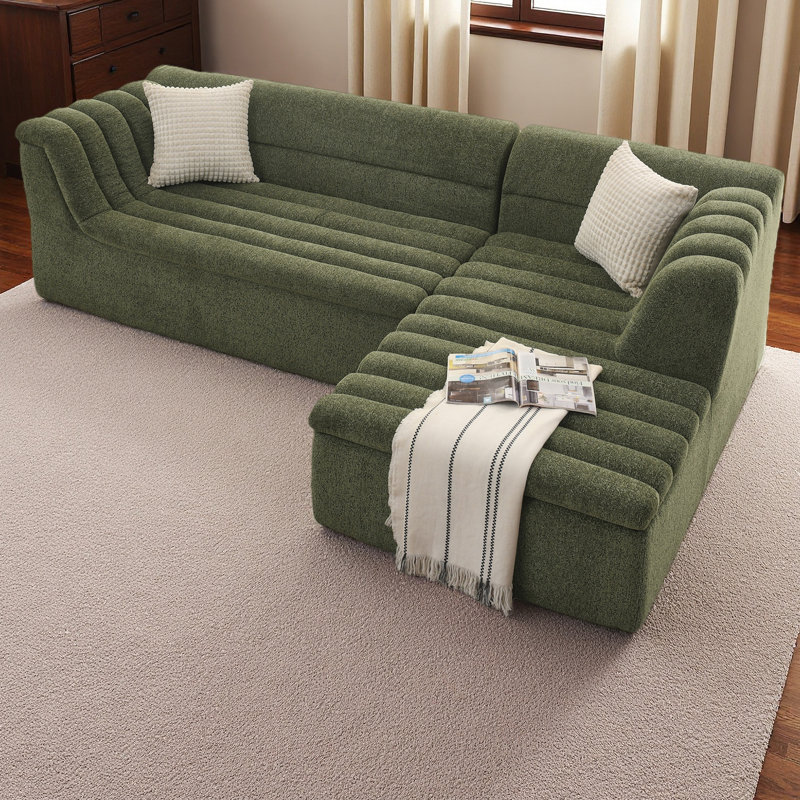 106" L-Shaped Modular Sectional Sofa With Chaise For Living Room, Chenille Upholstered Boneless Couches With Wave-Shaped Armrest, No Pillows Included