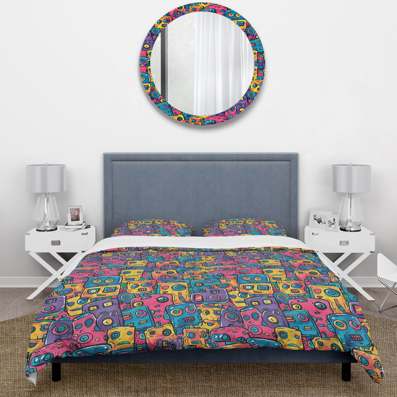 Ensemble de housse de couette rose, bleu et robot Friends I, Housse de couette pour grand lit et 2 taies décor
