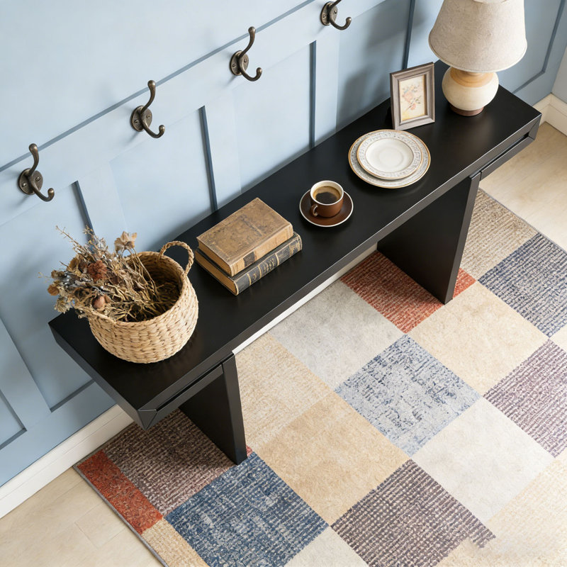 Console de 60 pouces avec lignes géométriques épurées, table d'entrée élégante avec finition peinte et pieds réglables, Noir