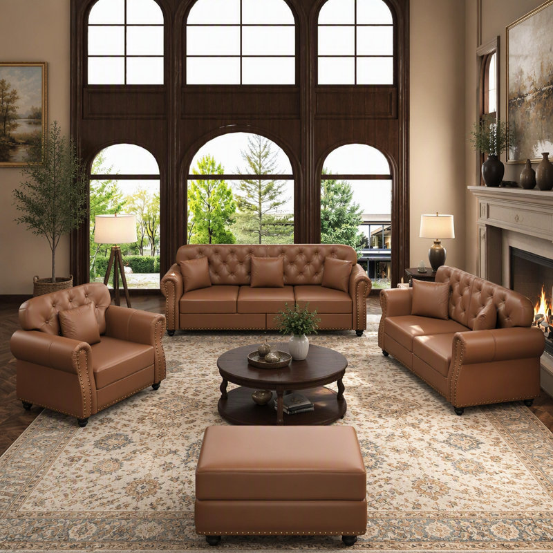 Canapé rembourré en similicuir avec garniture cloutée et accoudoirs roulés, canapé Chesterfield moderne de style Mid-Century avec capitonnage à boutons, comprend 6 coussins, brun