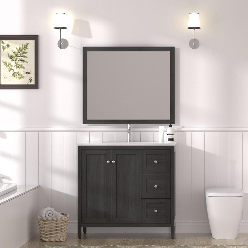 Meuble-lavabo moderne avec lavabo 35,5 po, armoire de rangement pour salle de bain avec portes à fermeture douce et 3 tiroirs, noir Munich