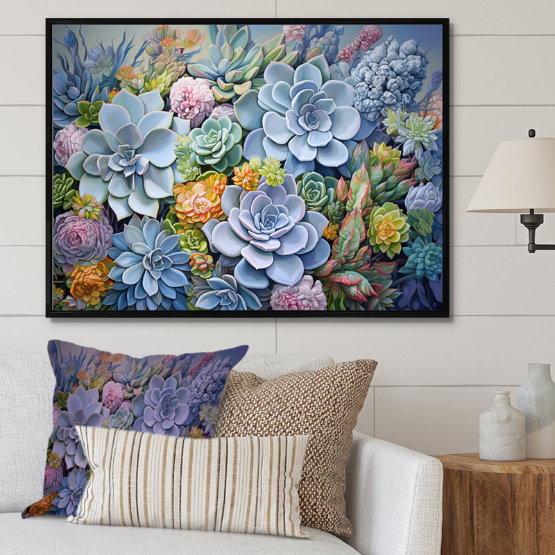 «Blue Succulent Dessert Charm» sur toile, Cadre flottant noir, 12" H x 20" W