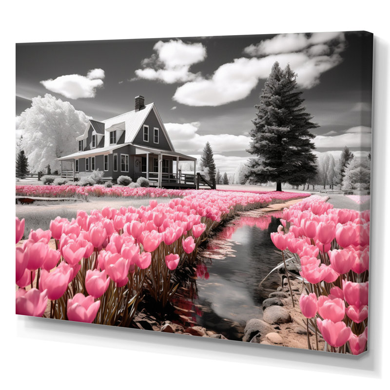 «Pink Farmhouse Frontyard Oasis» - Imprimé, H 12 po x l 20 po x P 1 po, Toile tendue
