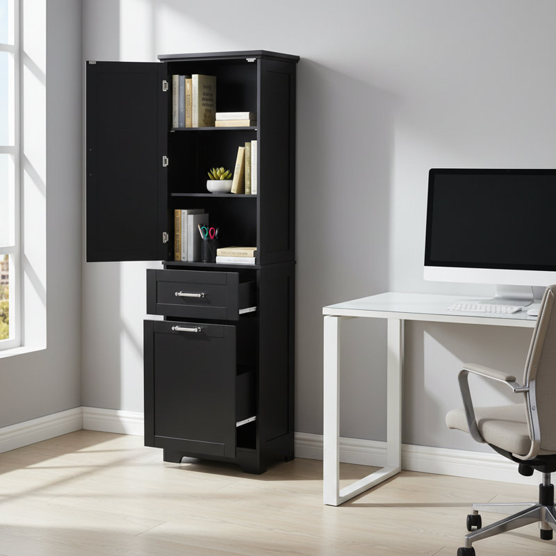 Freestanding Black Tall Bathroom Vanity With Double-Size Drawers, Adjustable Shelves, MDF Paint Cabinet., Matte Black