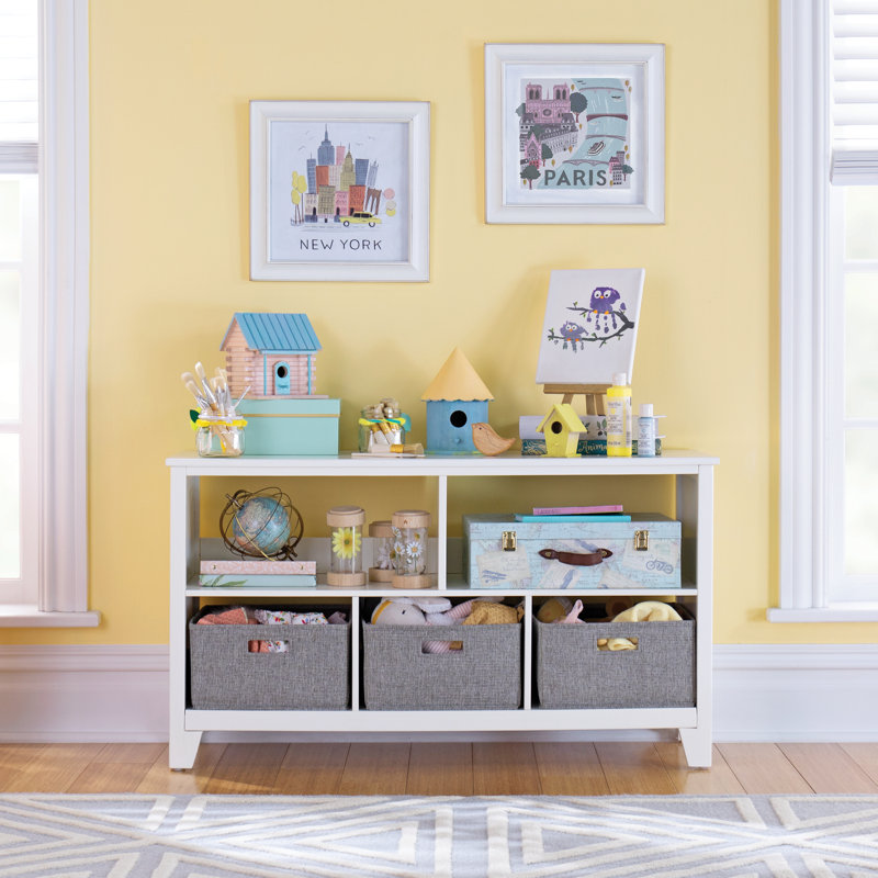 Creamy White Wooden Kids' Low Bookcase with Fabric Bins