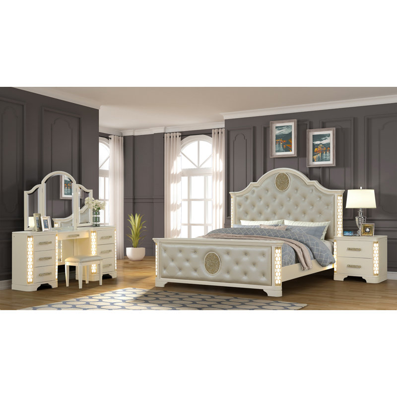 Ensemble de chambre avec grand meuble-lavabo à DEL 4 pièces JASMINE, Grand lit