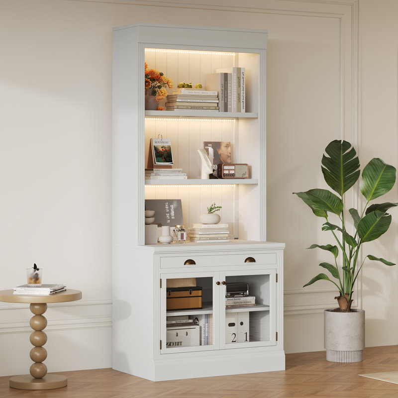 Bibliothèque de 83,4 po de hauteur avec éclairage DEL, bibliothèque de rangement moderne avec 2 portes en verre et 1 tiroir, tablettes ouvertes pour le salon et le bureau personnel, blanc
