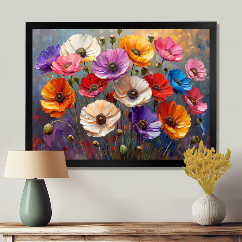 Bouquet rayonnant rose coquelicots rouges - coquelicots, Toile encadrée noire simple, H 12 po x l 20 po x P 1 po