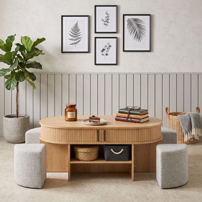 Table basse ovale avec 4 tabourets rembourrés, ensemble de tables gigognes peu encombrantes avec tablettes de rangement et armoires cachées