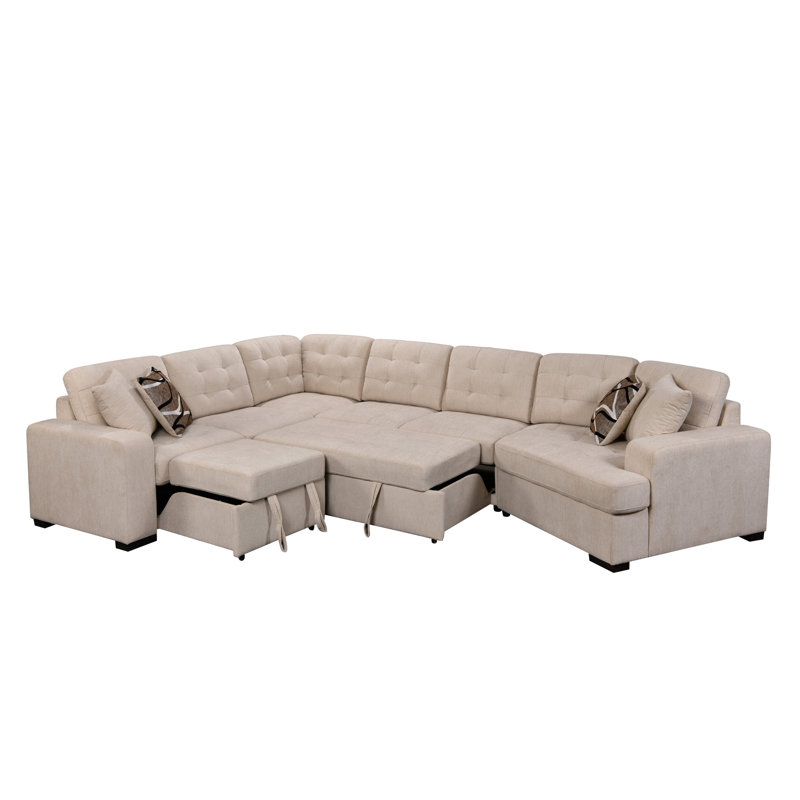 Ombra 149'' Oversized Sectional Sofa Square Arms Firm Sectional Sleeper Sofa with Pull Out Bed, Beige