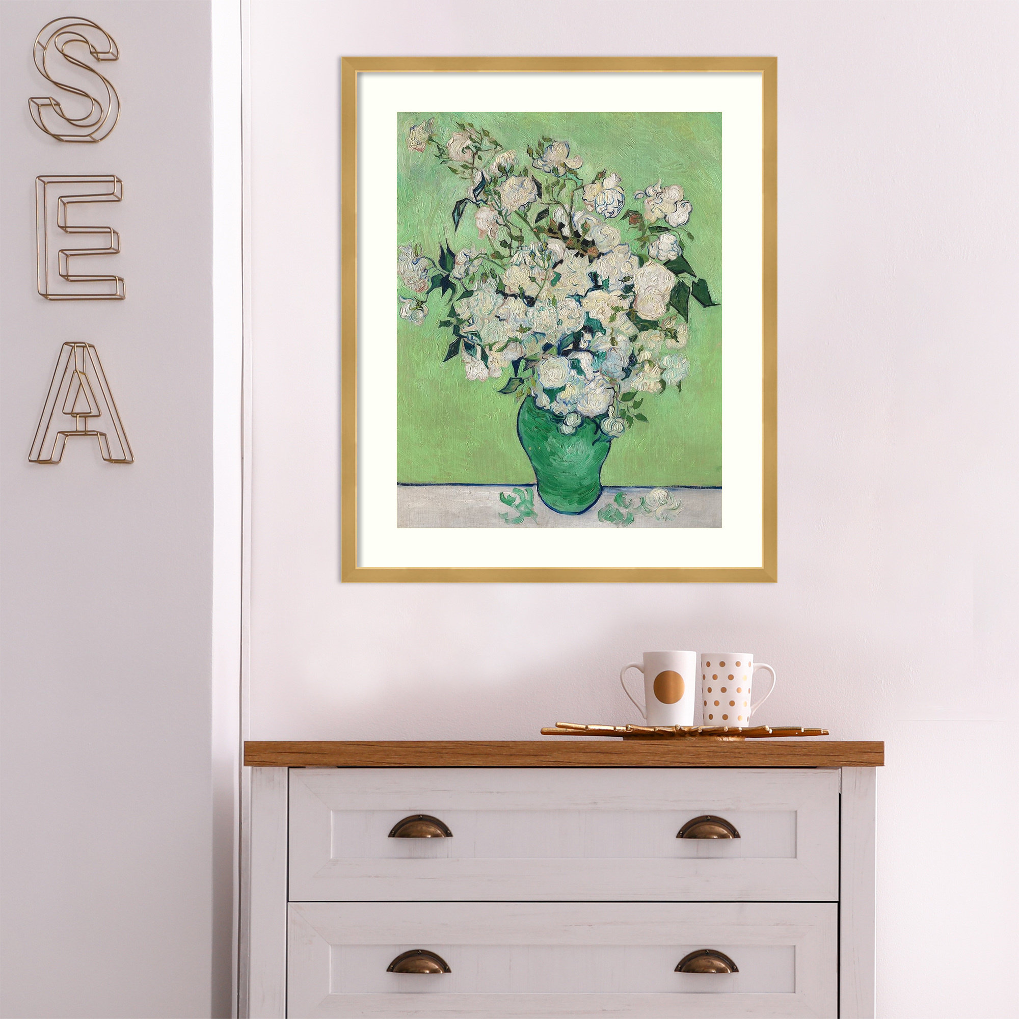 Roses by Vincent Van Gogh, Gold, 25.07" H x 20.82" W x 0.88" D