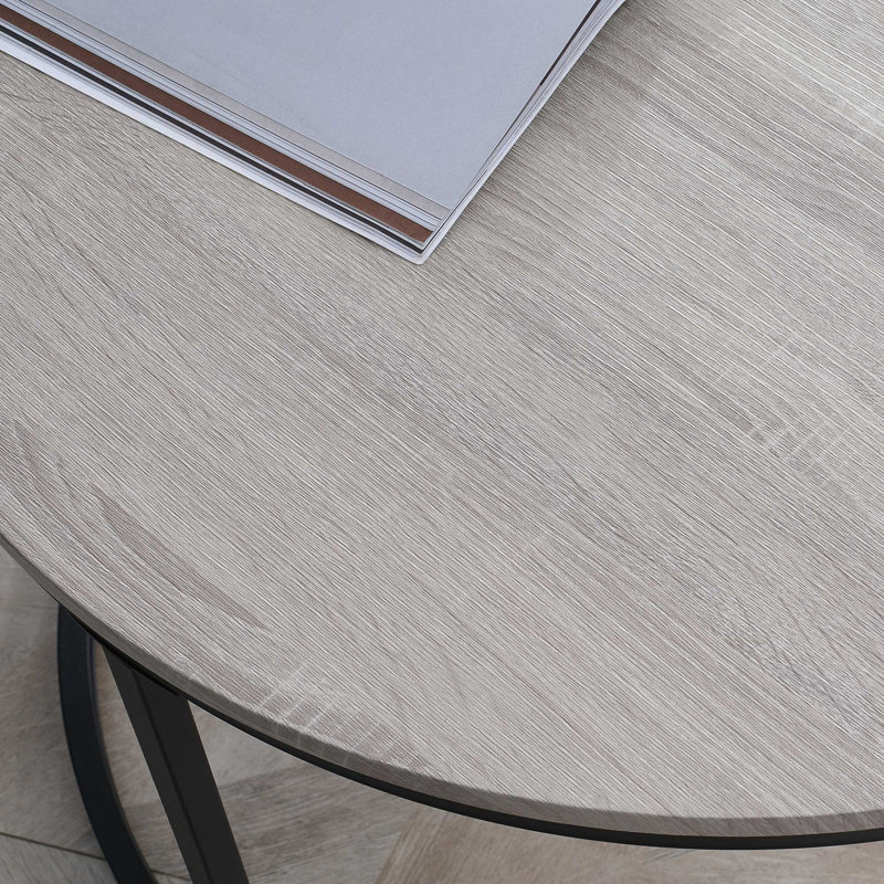 Round Light Brown Wood and Black Metal Nesting Coffee Tables Set