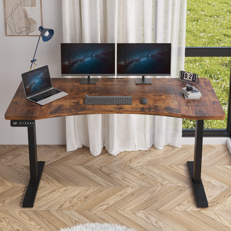 Latysha Dual Motor Electric Height Adjustable Curved Standing Desk, 45" H x 63" W x 30" D, Brown/Black