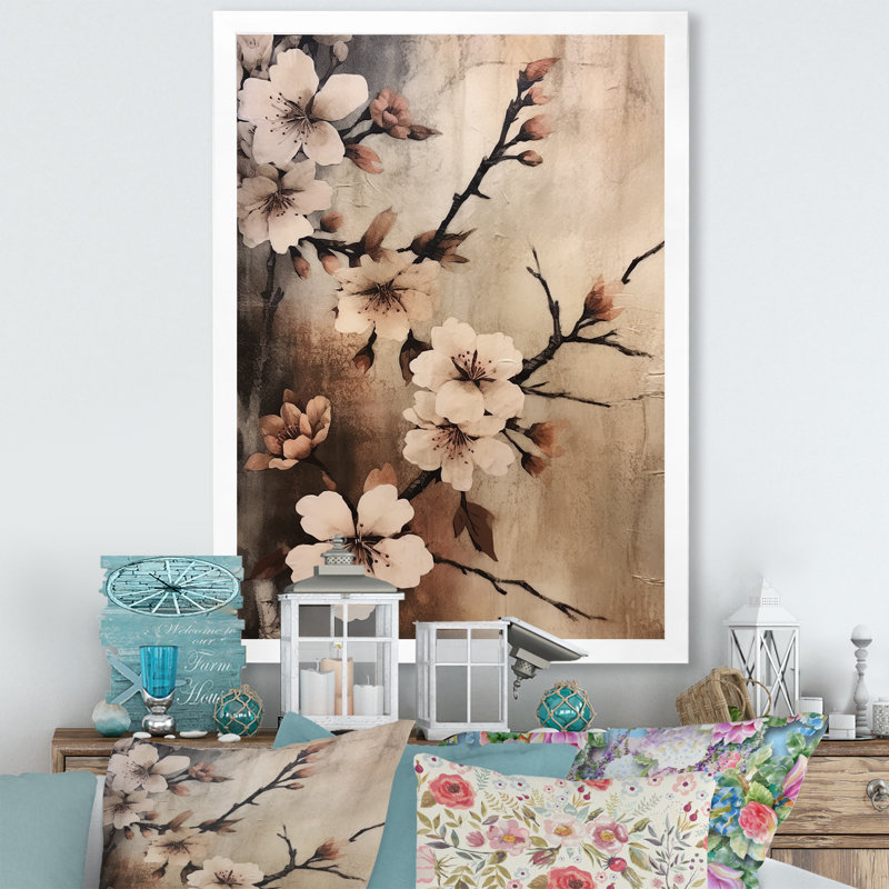 «Cherry Blossoms Brown Dark Solitude», reproduction sur toile, White Single Picture Framed, H 20 po x l 12 po x P 1 po
