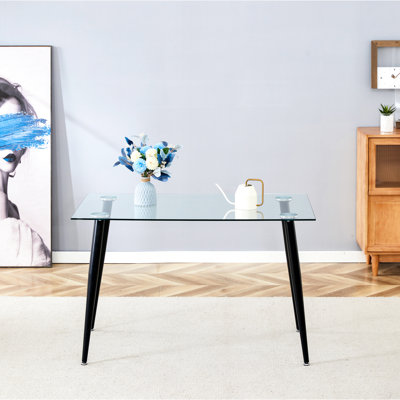 Table de salle à manger rectangulaire en verre 130 * 80 * 75CM pour 4 personnes, design contemporain, verre de qualité, pieds en métal avec revêtement en bois, facile à assembler et à déplacer, bureau et maison quatre, chic moderne, plateau trempé, revêtement