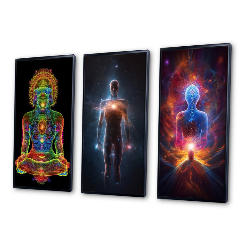 «Iridiscent Rainbow Awakening», 3 pièces sur toile, Cadre flottant noir, H 20 po x l 36 po