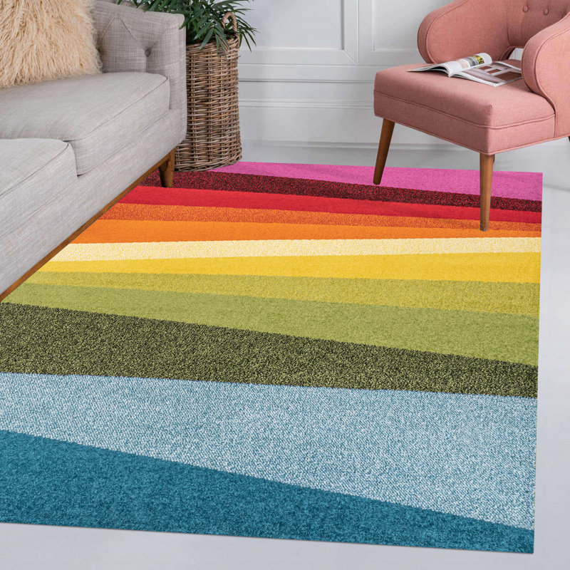 Maudrey Geometric Striped Orange/Green/Blue Rug, Rectangle 5'3" x 7'7"
