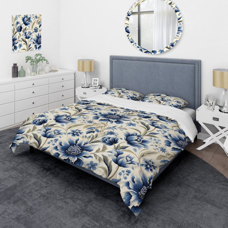 Ensemble de housse de couette floral bleu Ikat Floral Harmony II, Housse de couette pour grand lit et 2 taies décor