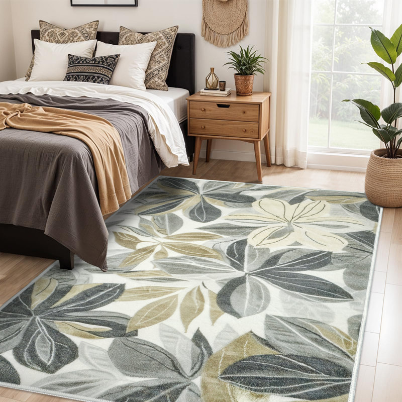Nature Floral Non-Slip Machine Washable Modern Area Rug in Green/Cream for Living Room, Bedroom, Hallway Runner Indoor Rugs