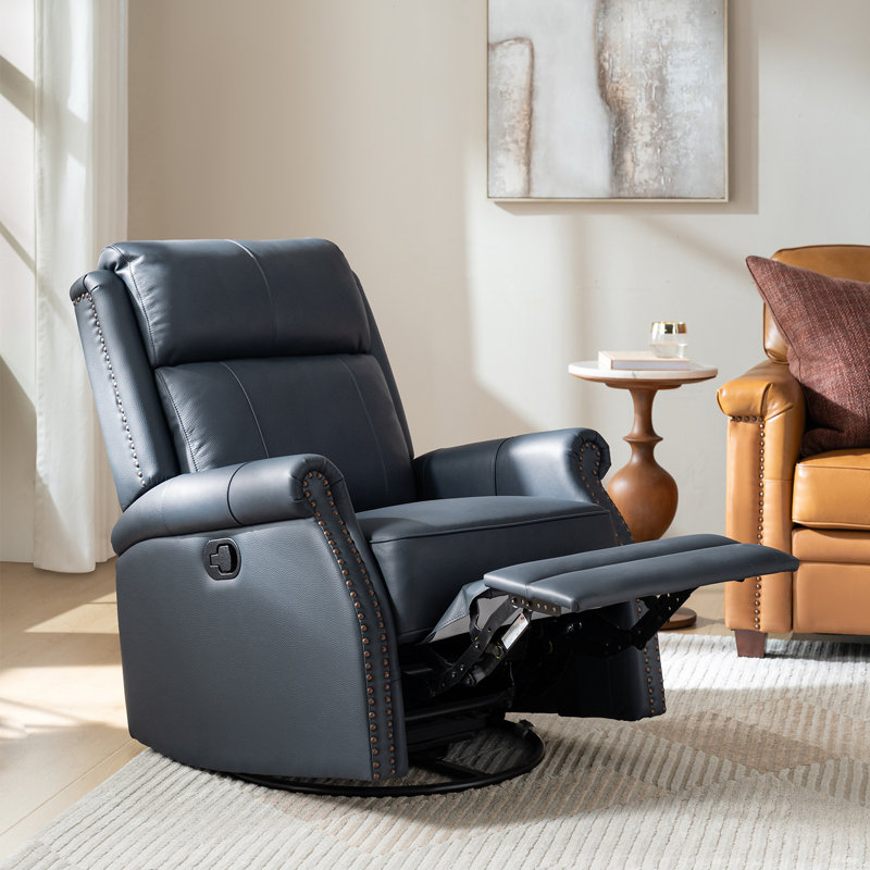 Anouschka 30.5" W Top Grain Leather Swivel Glider Recliner, Navy Genuine Leather