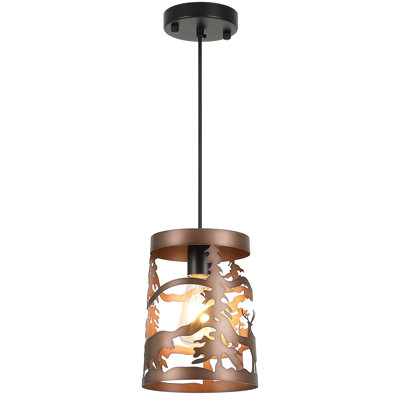1-Light Black Forest Deer & Bear Silhouette Cylinder Pendant