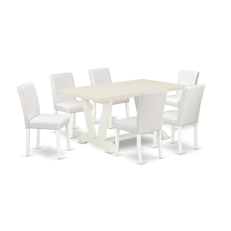 Ensemble de mobilier de salle à manger 7 pièces composé d'une table de salle à manger rectangulaire avec pieds en V et 6 chaises rembourrées en similicuir blanc, multicolore