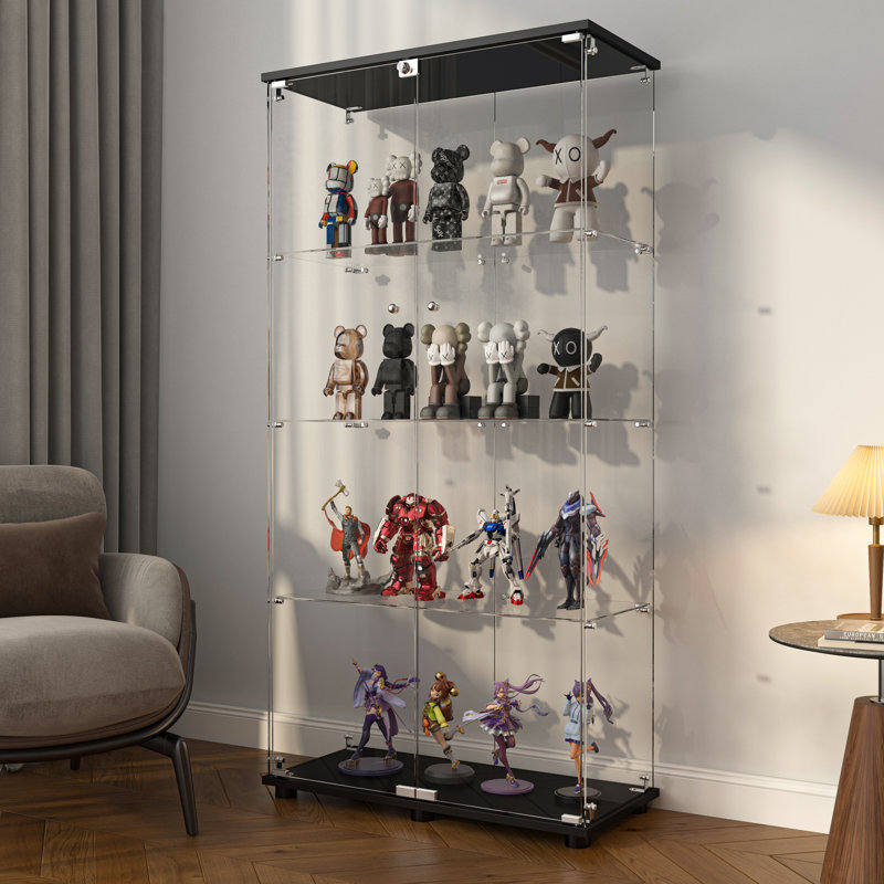 Vitrine moderne en verre verrouillable noire avec portes doubles et 4 tablettes pour la maison ou le bureau