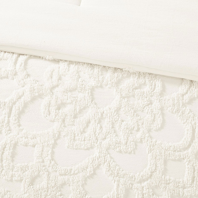 3 édredon avec médaillon en chenille de coton pour toutes les saisons, Édredon très grand + 2 taies décoratives, Blanc cassé
