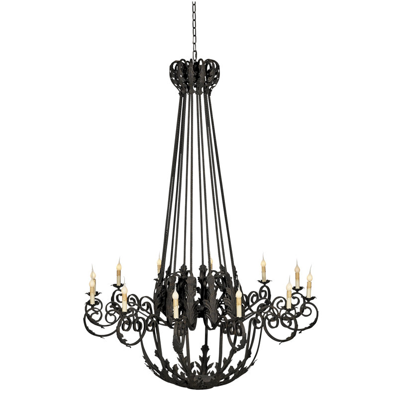 Lustre empire français de style bougie 12 lumières avec décor en fer forgé, 480 V, Dos plat