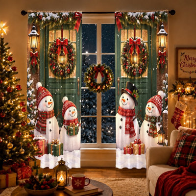 2Pcs Winter Snowman Door Curtains, Festive Christmas Wreath Holiday Scene Pattern Rod Pocket Light Filtering Window Drapes For Living Room Bedroom Kitchen, Farmhouse Home Decor