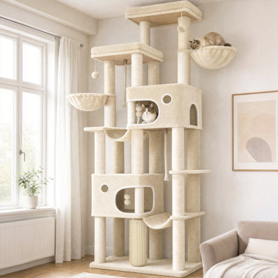 Large Cat Tree, 213 cm Tall Cat Tower for Indoor Cats Large Cats Maine Coon, Extra Large Baseboard, 2 Platforms, 2 Spacious Caves, 10 Sisal Scratching Posts, 2 Hammocks 