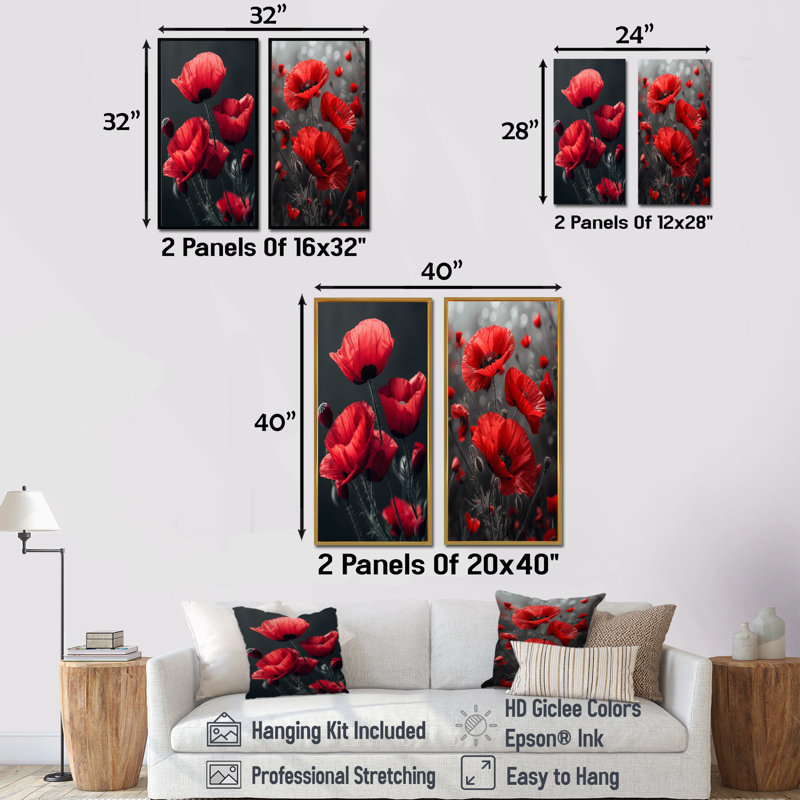 Rouge, noir, coquelicots, monochrome, charme I - coquelicots, ensemble de 2 pièces d'art mural, H 32 po x l 32 po