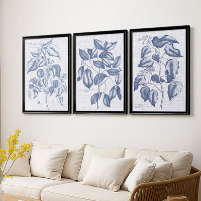 Navy & Linen Botanical VI  -Custom Framed  Wrapped Gallery Canvas - 3 Pieces