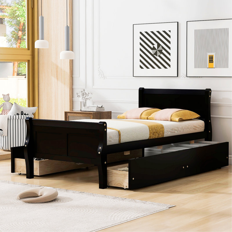 Lit plateforme avec rangement en bois massif Sebbie, Simple, Espresso