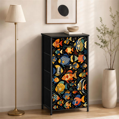 Commode à 4 tiroirs pour chambre à coucher colorée avec poissons tropicaux noirs et petite commode à vêtements pour commode avec commode