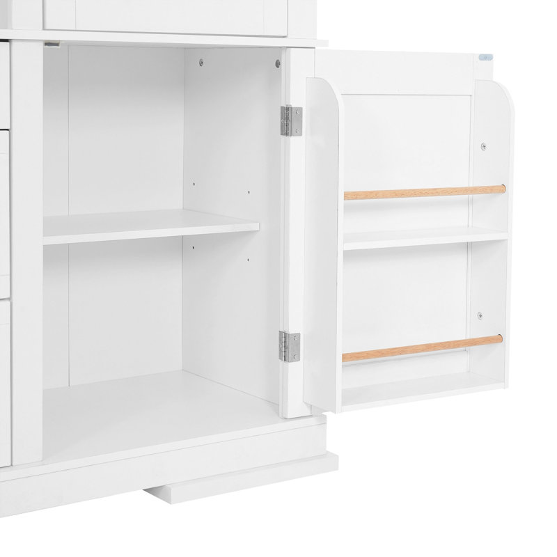 Buffet autoportant traditionnel 63,3 x 17,8 x 78,3 po avec huche, grande armoire de rangement pour garde-manger avec tiroirs, tablette de porte et tablettes réglables, blanc