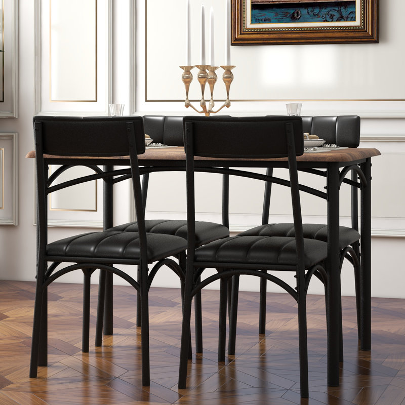 Brown Dining Table Set for 4 Rectangular Kitchen Table with 4 Upholstered Chairs 5 Piece Dining Room Table Set for Apartment, Studio, Small Space, Sturdy & Space-Saving